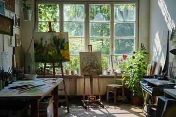 Fototapeta premium Creative workspace filled with easels, canvases, plants, and art supplies in an artist's studio