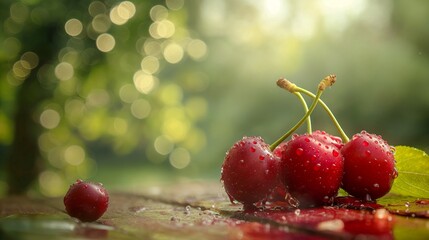 Cherries with water drops on green bokeh background. Generative AI.