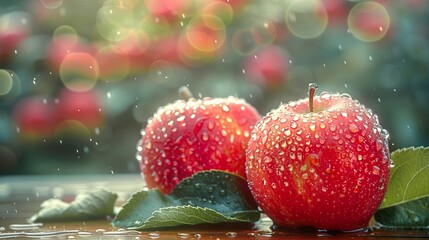 Red apples with drops of water on a wooden table. Rain drops. Generative AI.