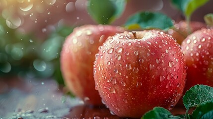 Red apples with drops of water on a wooden table. Rain drops. Generative AI.