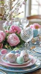 Vibrant tablecloth and pastel plates complement Easter colors at the festive table, a backdrop for a joyful family gathering