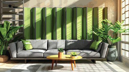 Interior of modern living room with grey sofa green 