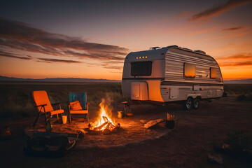 Cozy warm evening near travel trailer, campfire and guitar, family camping on caravan, rest at nature. Beautiful Sunset Background.