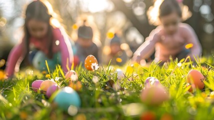 An Easter egg hunt in a vibrant garden, kids in colorful outfits, eggs concealed amidst flora and grass on a sunny day