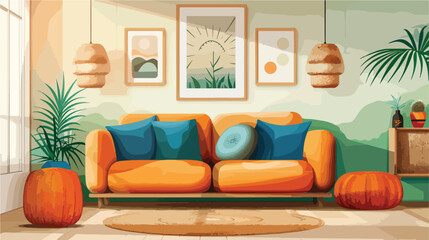 Interior of modern living room with sofa rattan poufs - obrazy, fototapety, plakaty