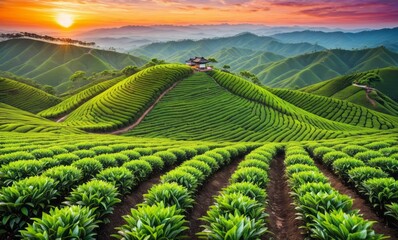 Green tea plantation at sunrise time, nature background
