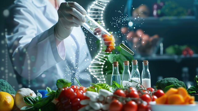 Nutrition Science and Food Scientist as a nutritionist or lab technician with nutrients and foods as a DNA genetic strand representing GMO or gene editing dietary concept.