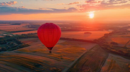 Red aerostat over fields. Romantic hot air balloon travels in the sky on beautiful nature background at sunset.