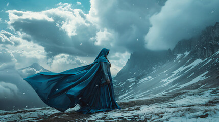 Art photo. Fantasy young woman fairy elf in blue cape