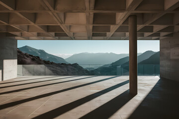 Abstract of concrete interior with sun light cast the shadow on the floor ,Geometric structure design,Museum space on mountains view background, Perspective of brutalism architecture