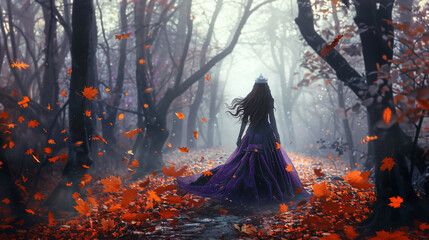 Art photo fantasy beautiful woman queen walks in autumn