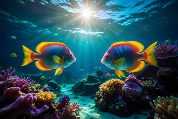 An underwater ecosystem teeming with vibrant marine life, emphasizing the beauty and importance of marine biodiversity. Colorful fish background. Neon colors.