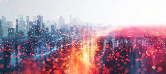Colorful glitter particles double exposure with city background. Generative AI technology.	
