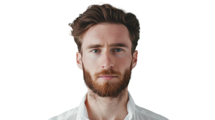 Close-up portrait of a handsome man with beard, looking straight ahead with a little smile. Isolated on transparent background