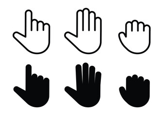 computer mouse cursor click hand pointer and hand grab outline and black fill