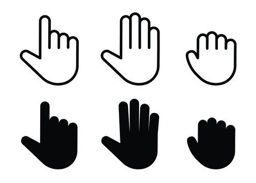 computer mouse cursor click hand pointer and hand grab outline and black fill