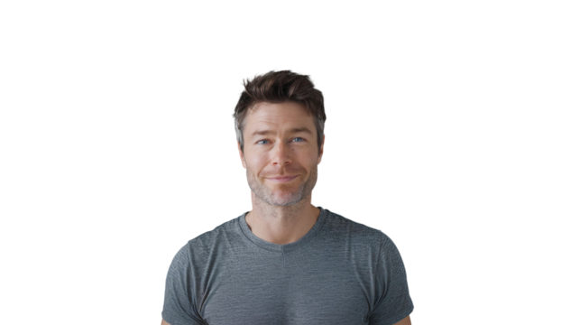 Studio portrait of casual man wearing t-shirt with calm facial emotion, looking straight ahead with a little smile. Isolated on white background