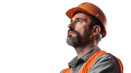 Portrait of a construction worker wearing helmet and looking up, isolated on transparent background