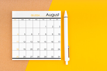 August 2024 Monthly calendar for 2024 year with pen.