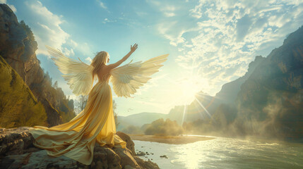 Art photo Fantasy woman goddess angel raises hands 