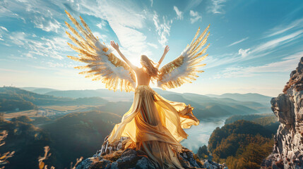 Art photo Fantasy woman goddess angel raises hands  - Powered by Adobe