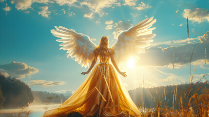Art photo Fantasy woman goddess angel raises hands 