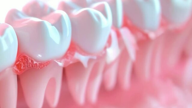 A close-up, soft-focus image highlighting the details of healthy teeth and gums in a pink hue, emphasizing the importance of dental care