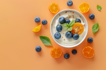 yogurt with blueberries and kumquats on white bowl, top view on orange 