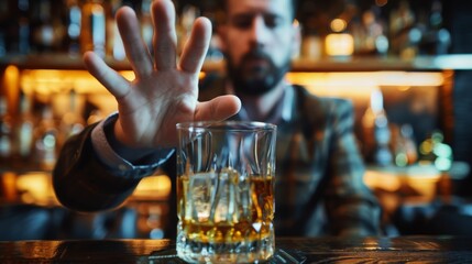 man refuses say no and avoid to drink an alcohol whiskey , stopping hand sign male, alcoholism treatment, alcohol addiction, quit booze, Stop Drinking Alcohol. Refuse Glass liquor, unhealthy, reject