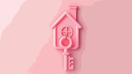 Key with trinket in house shape on pink background. 