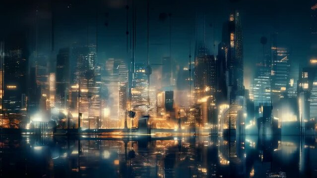 A captivating image of a futuristic cityscape, with skyscrapers and lights reflected on wet surfaces, evoking a neo-noir ambiance. Abstract background with blured