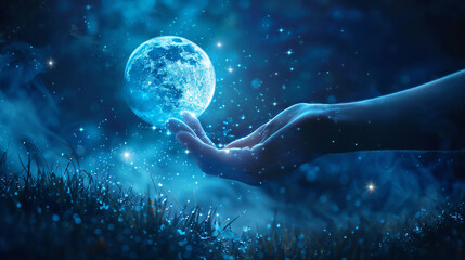 Art photo Fantasy woman touching moon with hand glowing