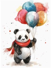 Pandas catch balloons and fly, children draw