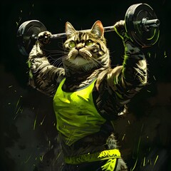 Muscular Tabby Cat Lifting Weights in Neon Workout Gear with Dramatic Studio Lighting - 797830651