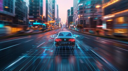 A self-driving car navigating city streets with the help of 5G connectivity