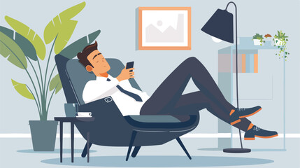 Lazy young businessman with mobile phone relaxing 