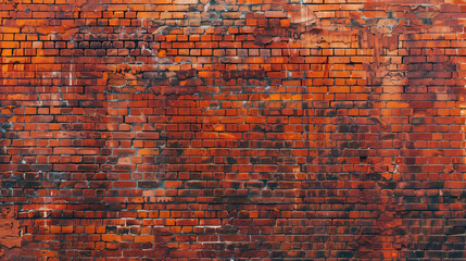 A brick wall with orange paint on it. The wall is covered in dirt and has a lot of cracks
