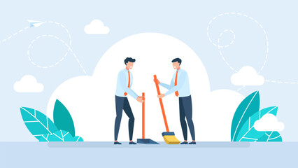 Two men janitor with broom and scoop sweeping and collecting garbage. Sweeping the floor with broom, holding dustpan, professional cleaning. Street cleaning service. Vector illustration