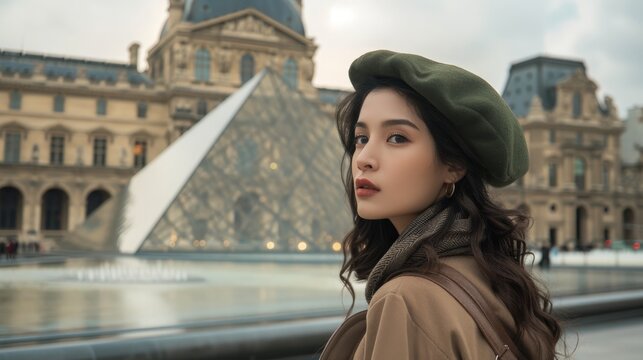 A model wearing a chic beret in front of the Louvre.