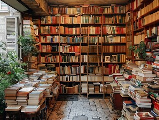 A Parisian bookstore with rows of vintage books.
