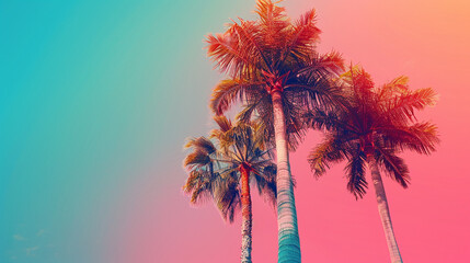 Colorful background with palm trees, summer concept. Retro color gradient in the style of various artists