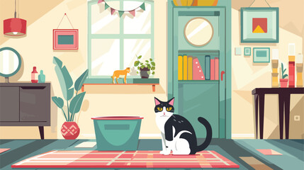 Litter box for cat in interior of room Vector illustration