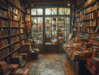 A Parisian bookstore with rows of vintage books.
