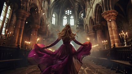 Art photo of medieval girl princess walks runs in dark