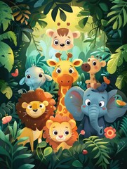 Naklejka premium Illustration, various animals in the forest
