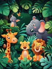 Naklejka premium Illustration, various animals in the forest