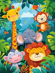 Naklejka premium Illustration, various animals in the forest