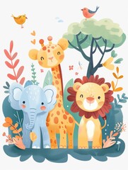 Fototapeta premium Illustration, various animals in the forest