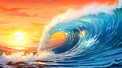 a large Ocean wave swirls into a tube at sunset landscape in the background 