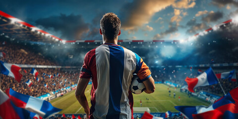 A man stands in front of a stadium filled with flags, showcasing a vibrant scene of anticipation and sportsmanship.